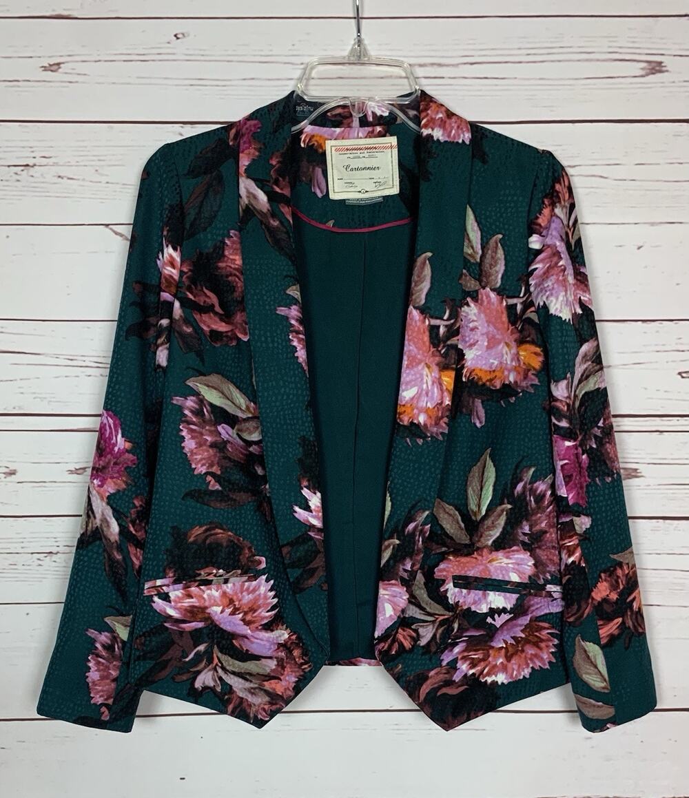 Cartonnier Anthropologie Women’s 2 Green Floral Fitted Shawl Collar Open Jacket